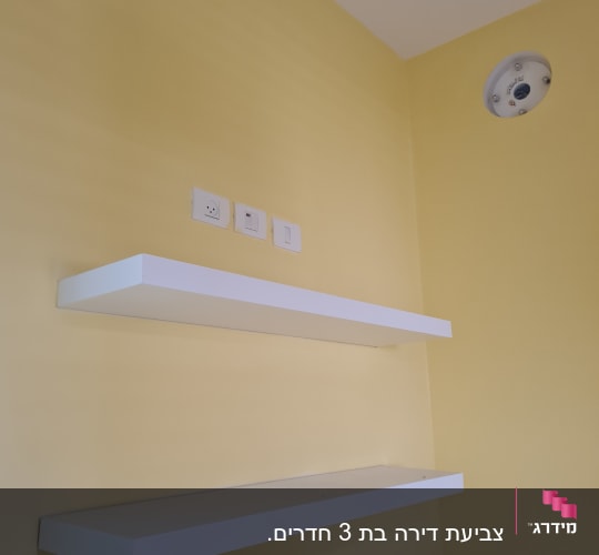 קיר צבוע בצהוב עם מדפים לבנים